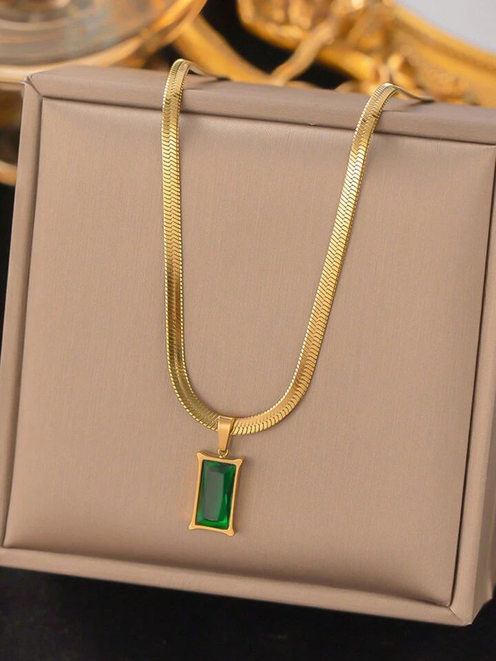 Emerald Studded Anti-Tarnish Gold Plated Stainless Steel Flat Snake Chain Necklace - Image 2